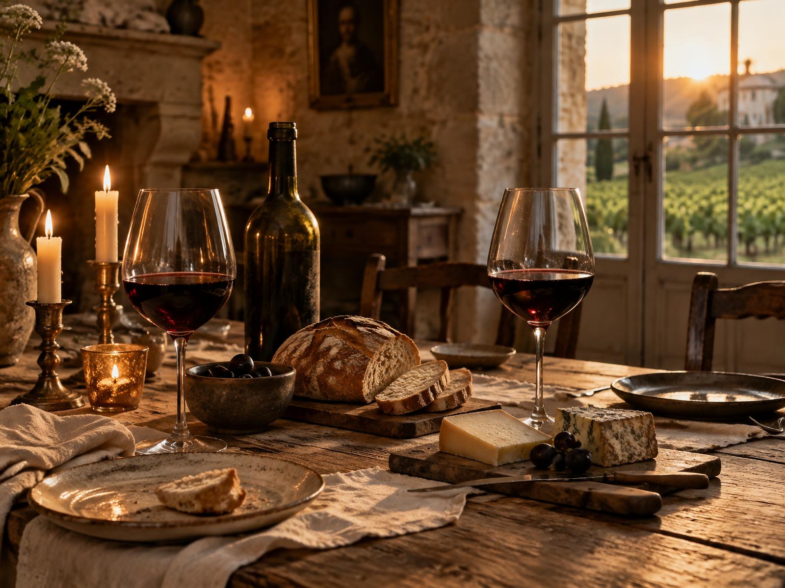 Candlelit dinner table in a Bordeaux farmhouse with two glasses of red wine, bread, and cheese