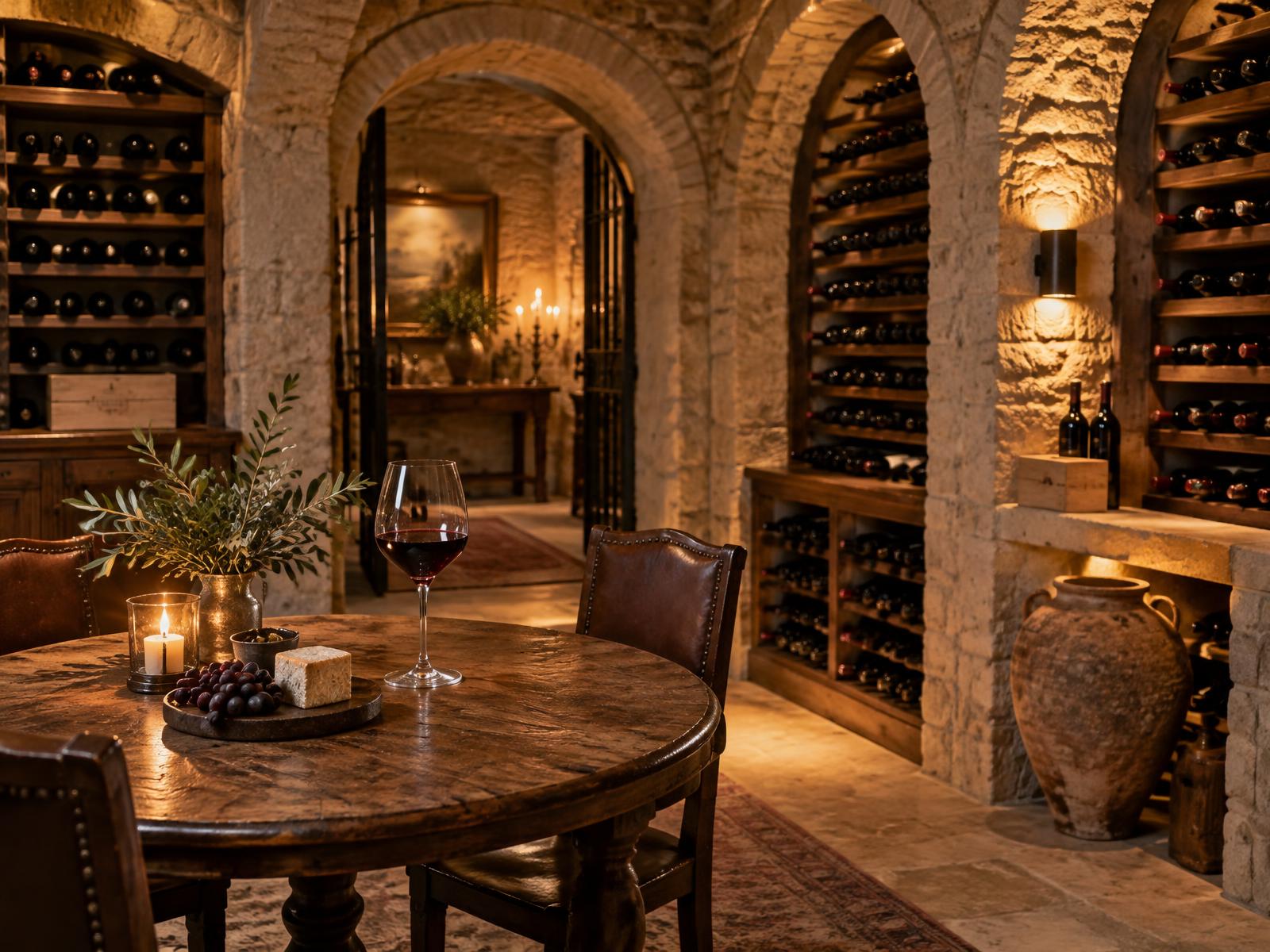 Private stone wine cellar with wooden racks of bottles and a small tasting table